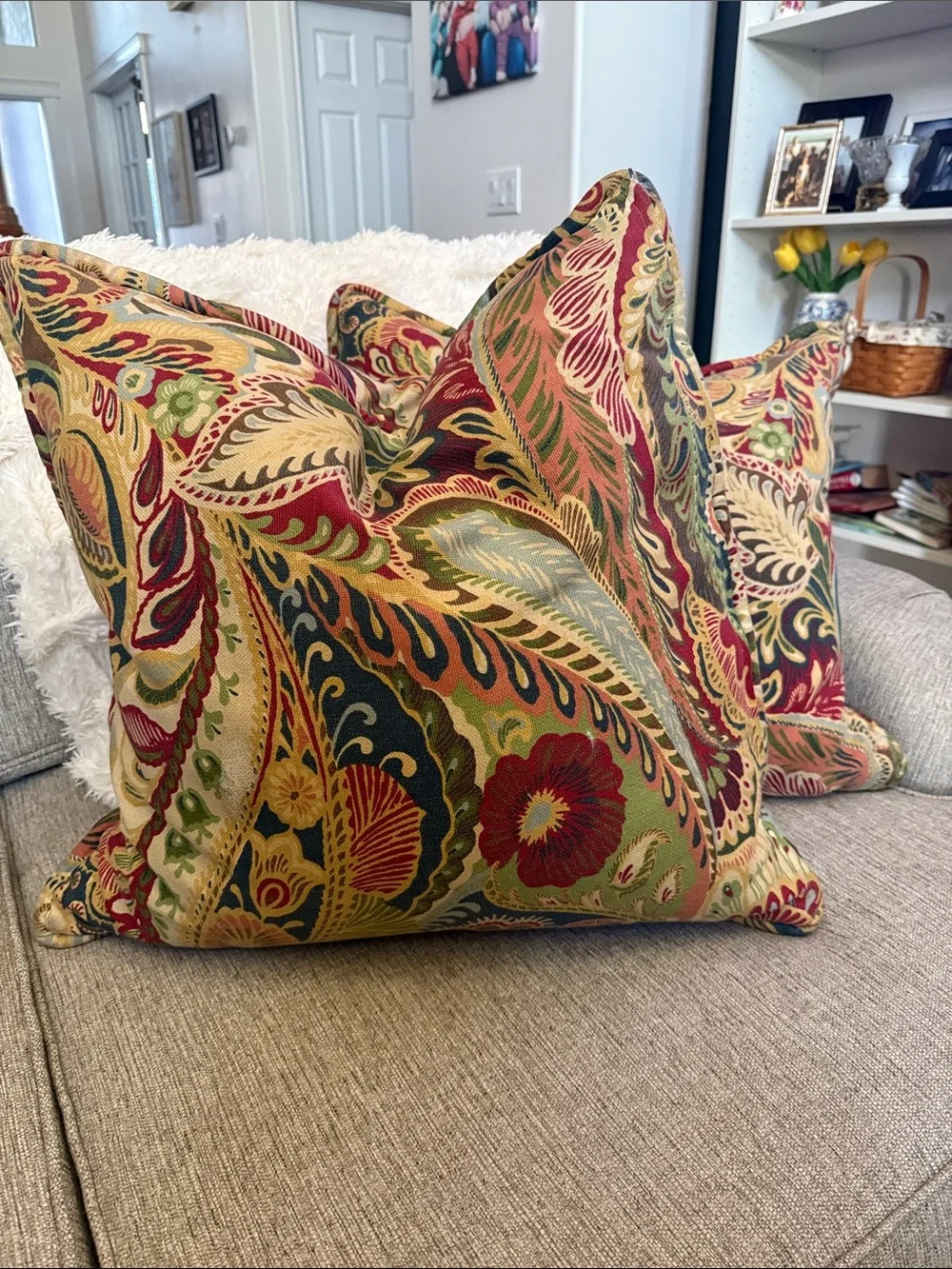 Vintage Pier 1 vibrant gardenia Paisley Accent Pillows.